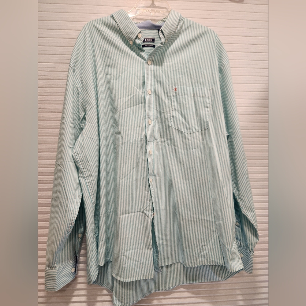Izod, Non Iron Greenish Turquoise Striped Button-Up Shirt
